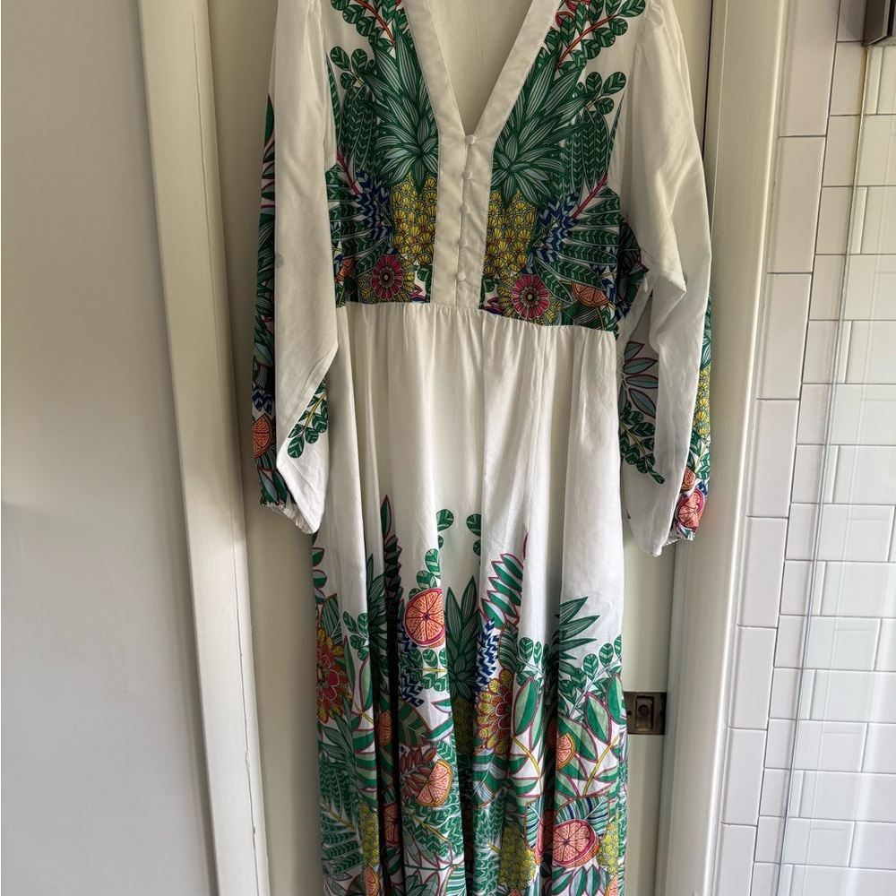 White Maxi Dress with Tropical Green & Multicolor Botanical Print
